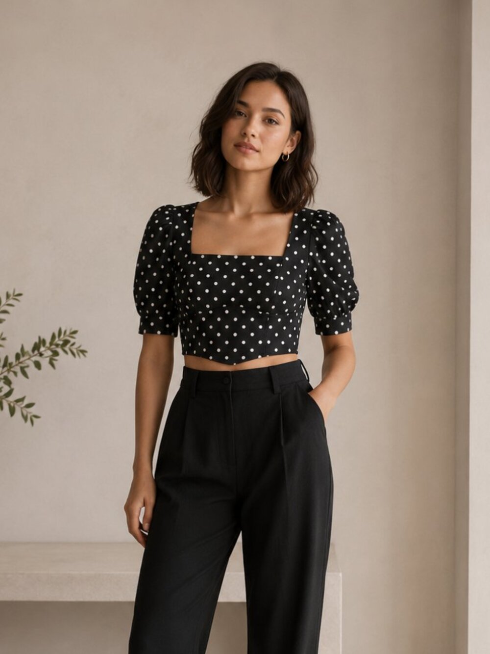 *Topshop Black White Polka Dot Crop Top Square Neck Puff Sleeve US 6 0548